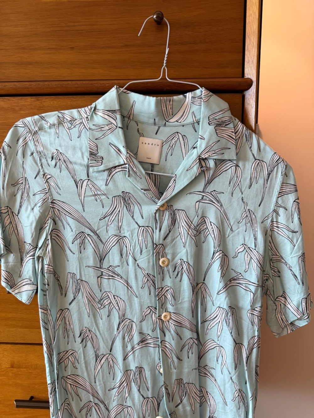 Sandro Mint Green Short-Sleeve Button-Down Shirt with Leaf Print